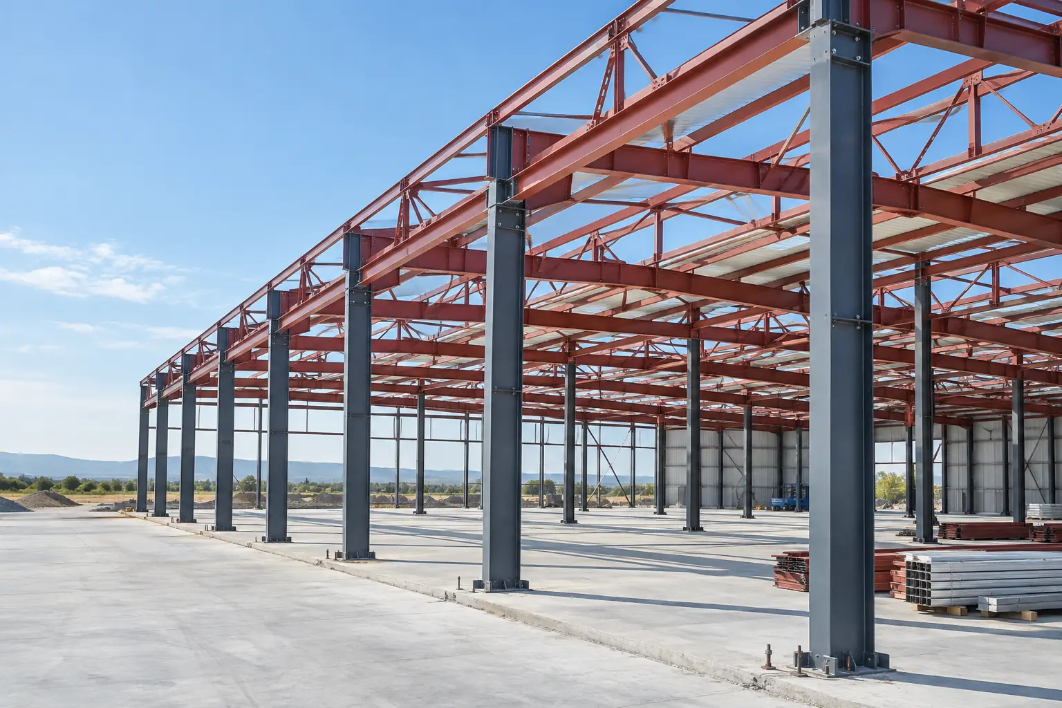 Gri kolonlar ve kırmızı çatı makaslarından oluşan fabrika iskeleti. Temsili uygulama görseli.