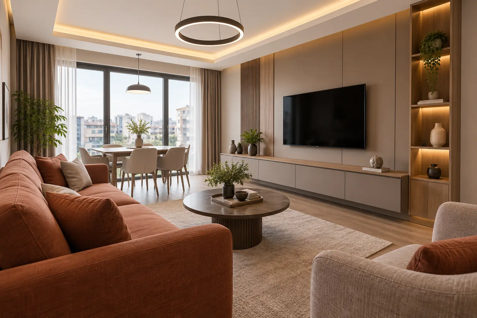 Duvar panelleri ve tavan aydınlatmasıyla düzenlenmiş aydınlık salon. Temsili uygulama görseli.