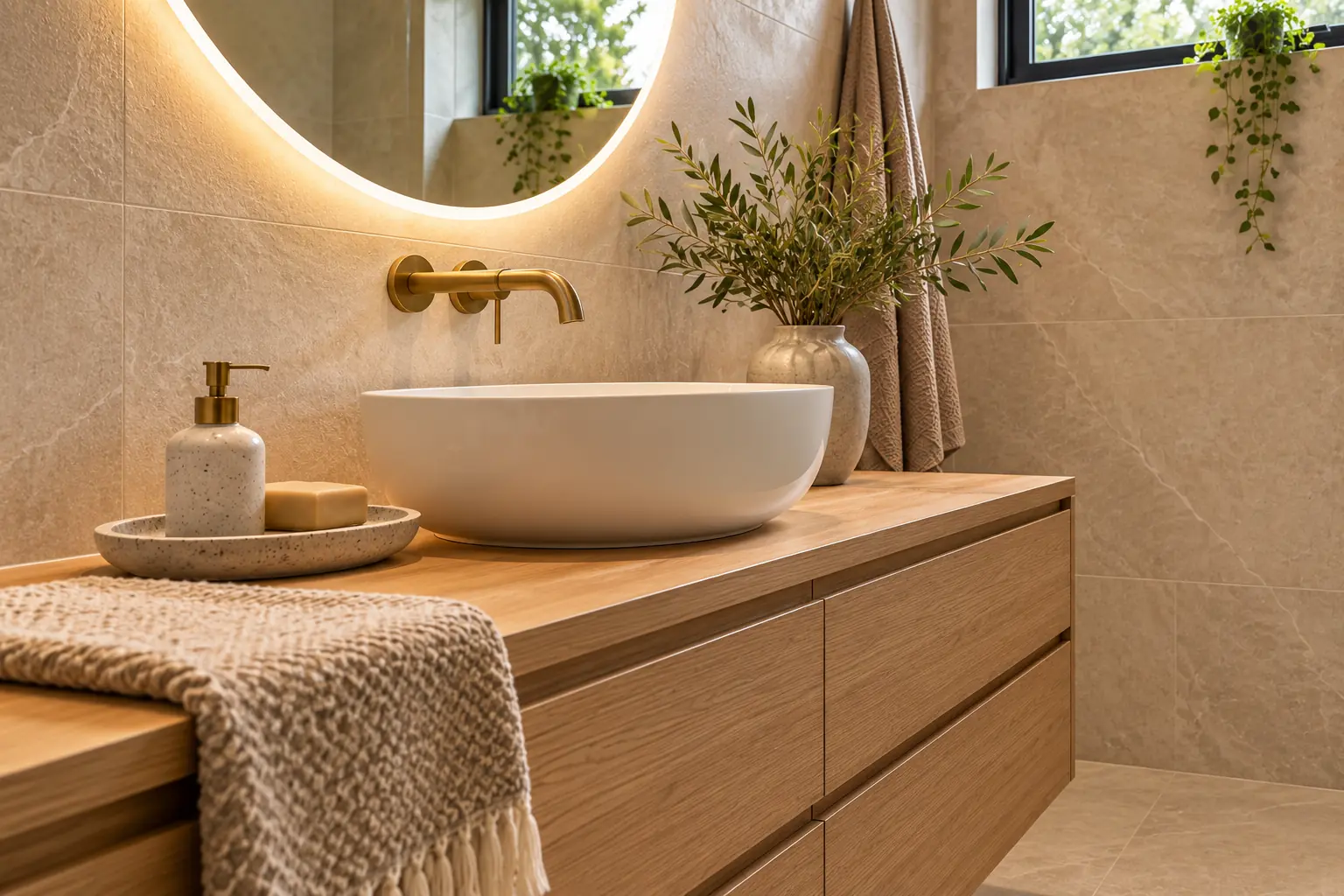 Meşe banyo dolabı, beyaz çanak lavabo, pirinç batarya ve ışıklı ayna birleşiminin detayı. Temsili tasarım çalışması.