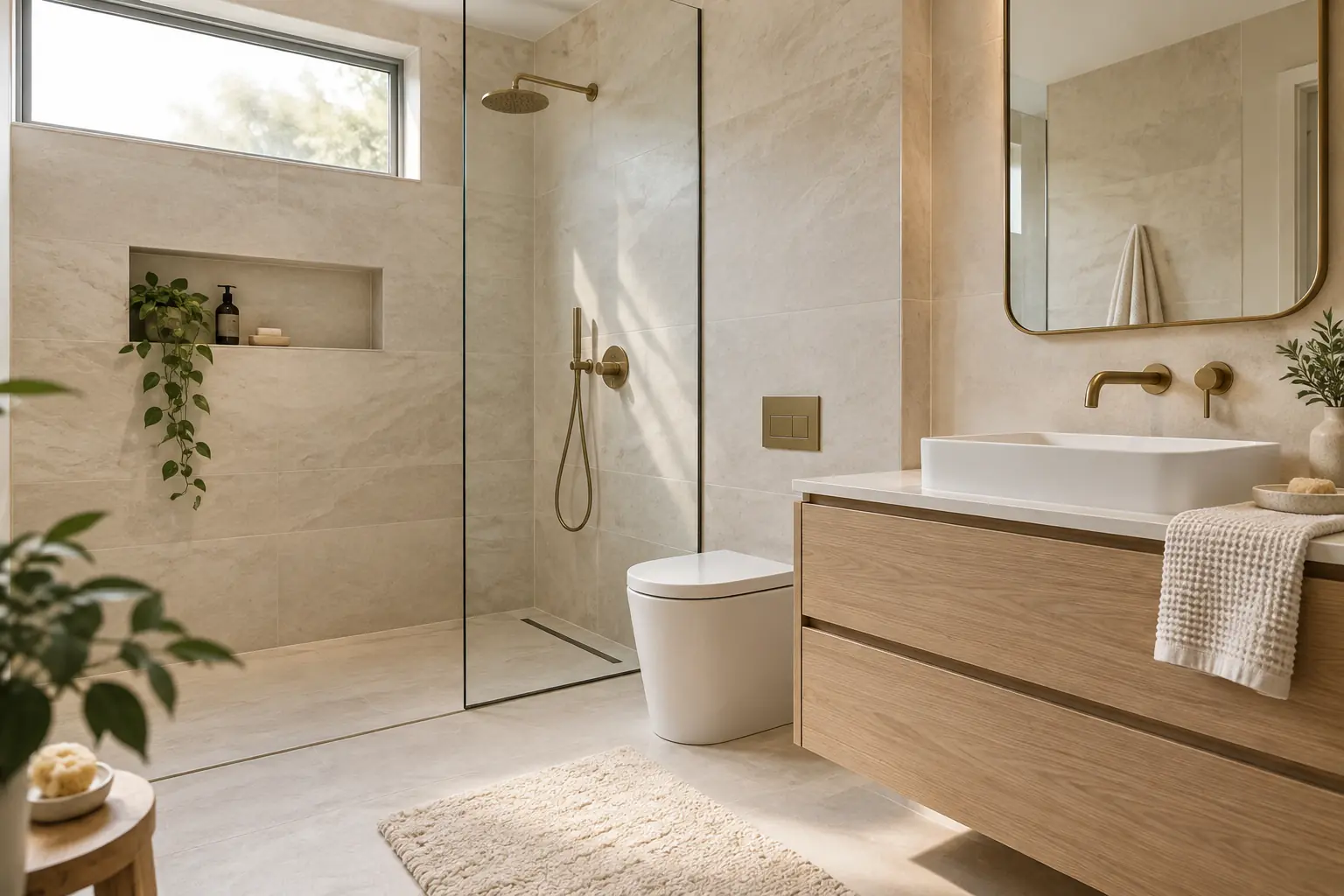 Açık meşe lavabo dolabı, pirinç armatürler ve şeffaf duş alanlı ferah banyo. Temsili görsel.